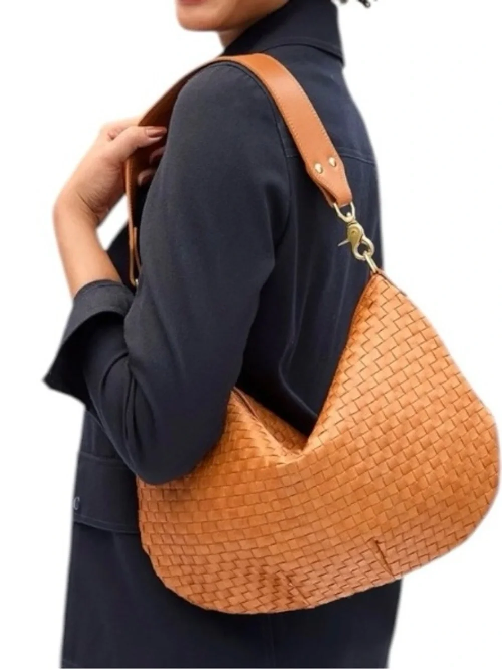 Clare V. Moyen Messenger Woven Leather Zip Top Crescent Shoulder Crossbody Bag - Picture 2 of 9